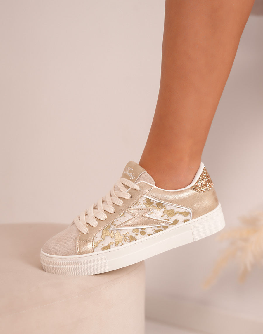 Baskets femme FINDLAY beige à empiècements dorés et effet vachette tendance
