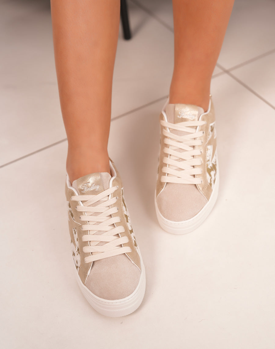 Baskets femme FINDLAY beige à empiècements dorés et effet vachette tendance