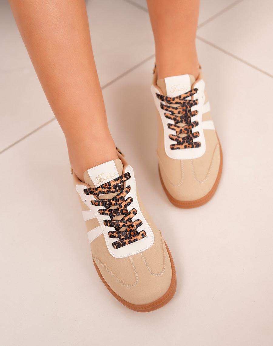 Baskets femme FINDLAY beige à lacets léopard et détails rayés tendance