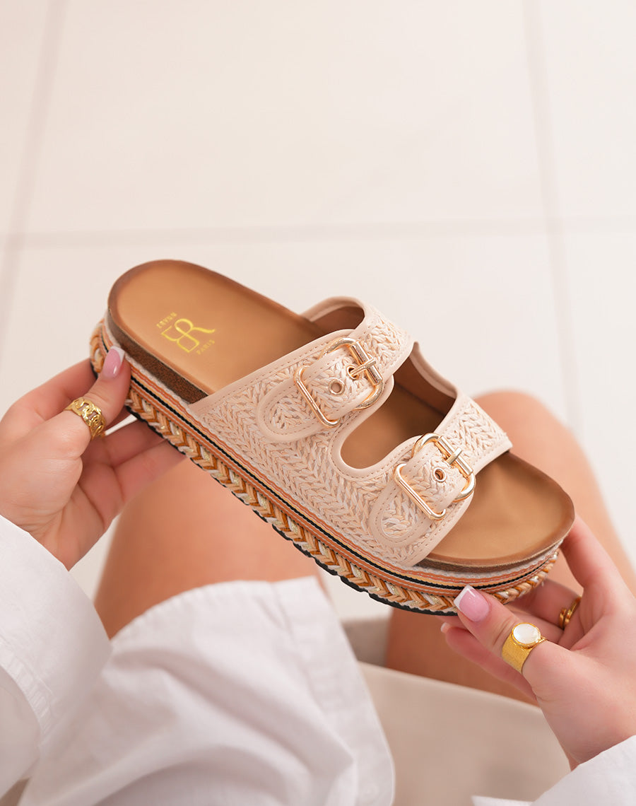 Mules femme beige à brides tissées avec plateforme épaisse multicolore tendance