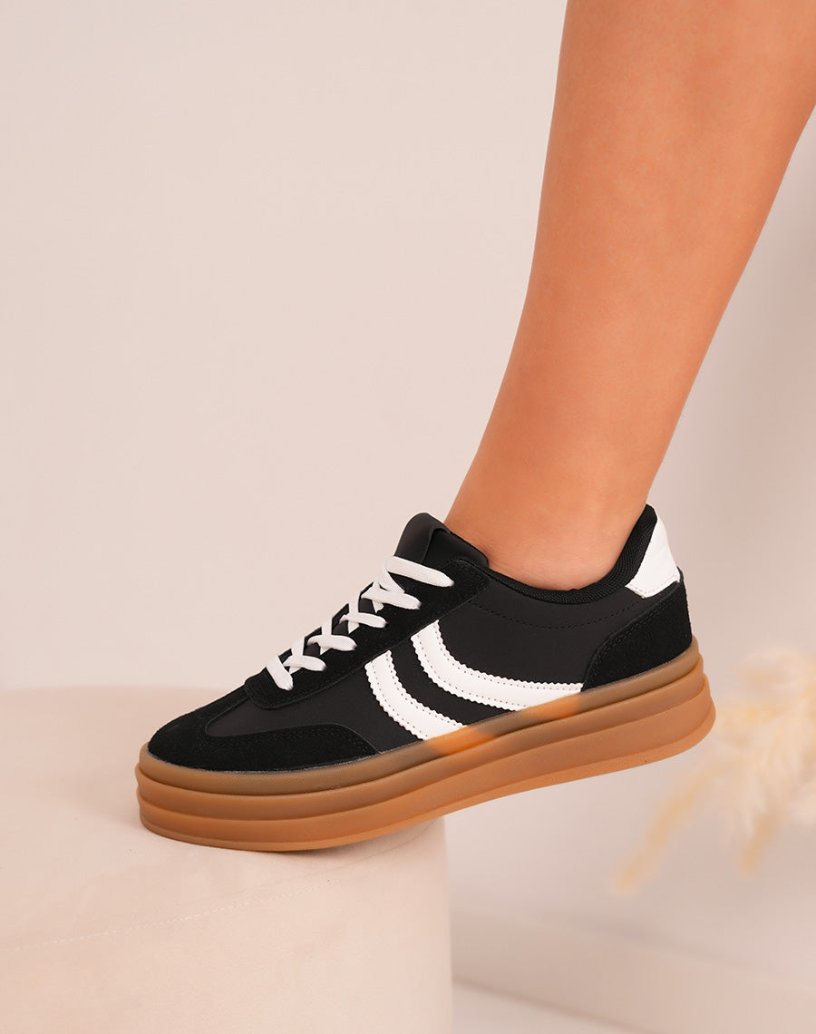 Baskets femme noires en suédine à lacets blancs et triple plateforme