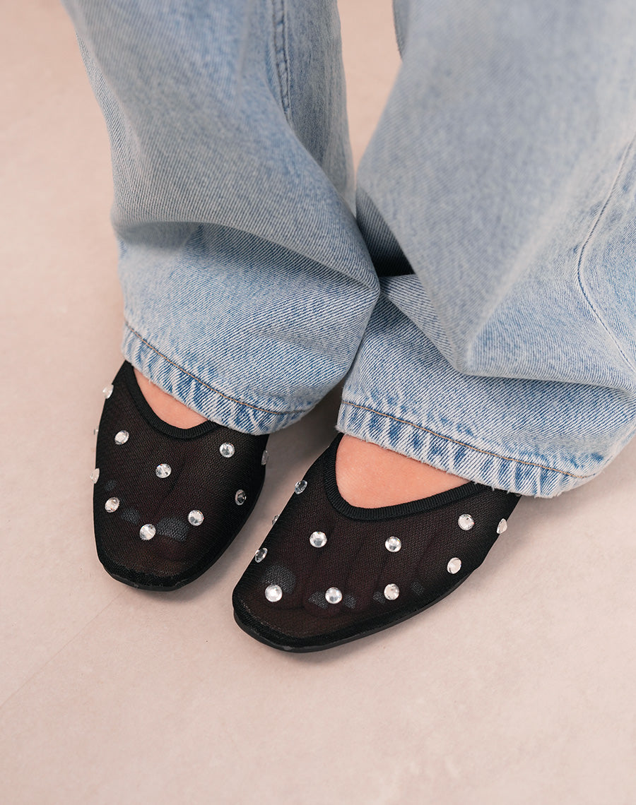 Ballerines femme noires transparentes avec strass et sangle argentée ajustable