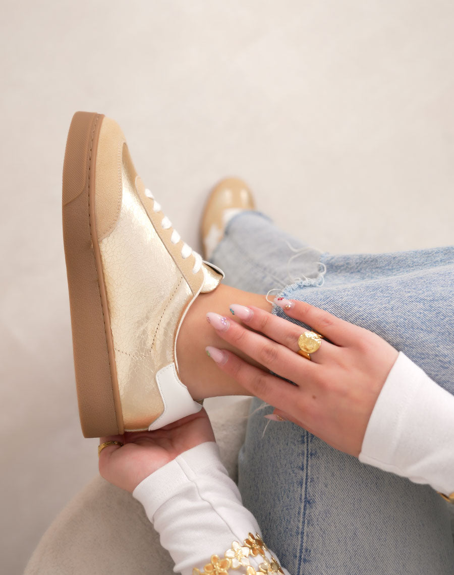 Basket femme dorée tendance à plateforme marron avec étoile blanche