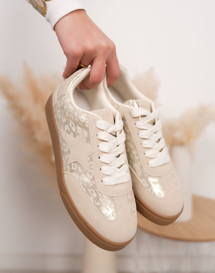 Basket femme beige tendance à plateforme marron avec motif léopard et étoile ton sur ton