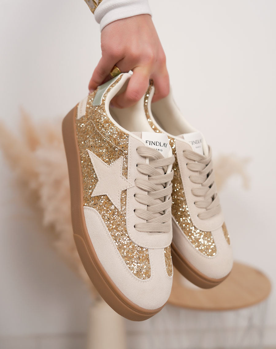 Basket femme beige tendance à plateforme marron avec paillettes dorées et étoile suédine