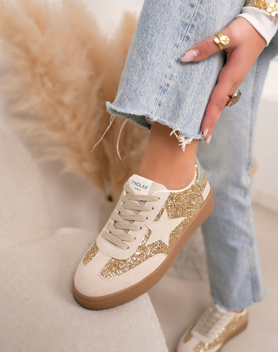 Basket femme beige tendance à plateforme marron avec paillettes dorées et étoile suédine