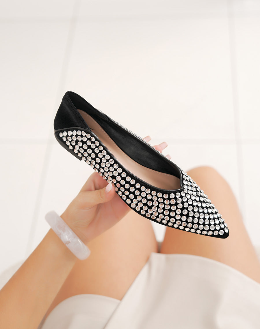 Ballerines noires en suédine à strass argentés et bout pointu