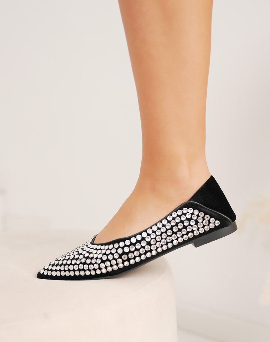 Ballerines noires en suédine à strass argentés et bout pointu