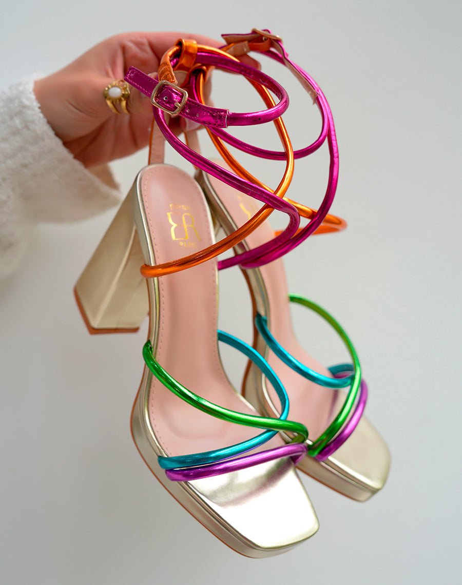 High heel golden sandals with multicolored strips and platform