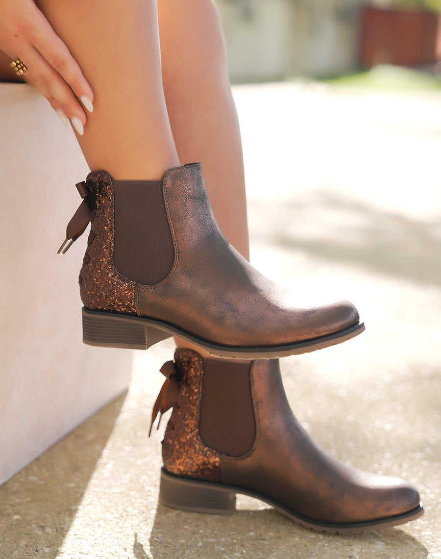Bottines marron irisées avec paillettes et nœud