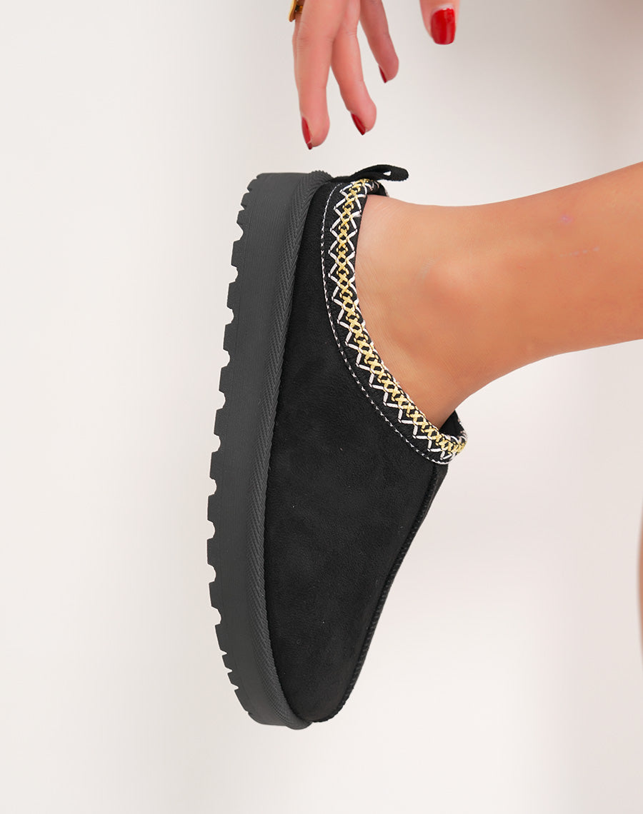 Mules femme noires élégantes en suédine avec liseré rayé et intérieur fourré