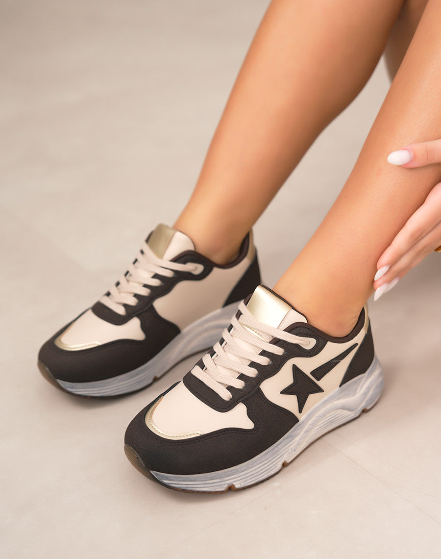 Basket femme marron tendance avec étoile filante et semelle effet délavé