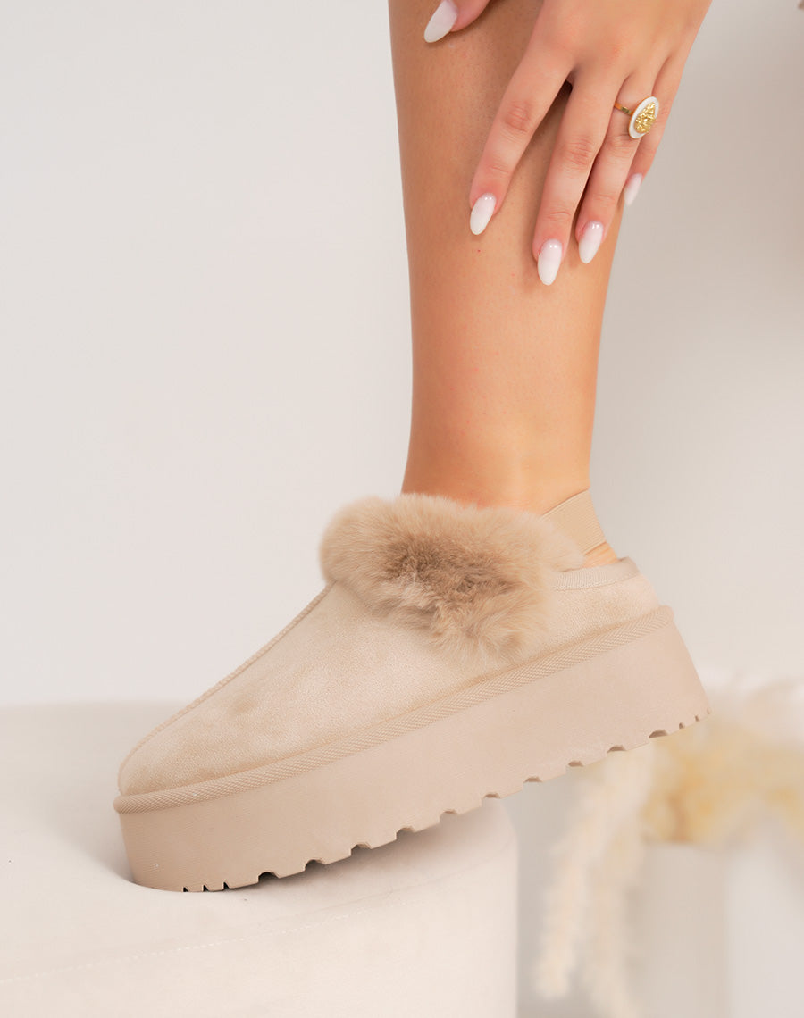 Mules femme beige à plateforme épaisse en suédine avec fourrure et élastique de maintien