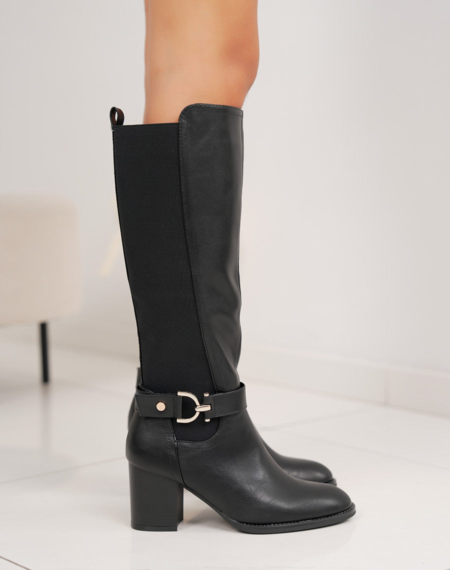 Bottes noires à talon épais avec sangle dorée – Élégance et confort pour l’hiver