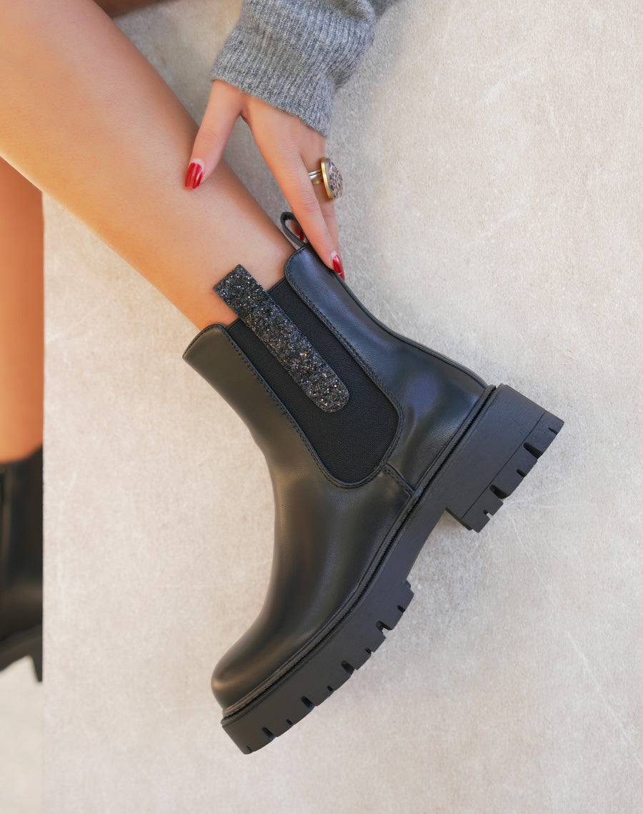 Bottines femme noires tendance style Chelsea avec paillettes et semelle crantée