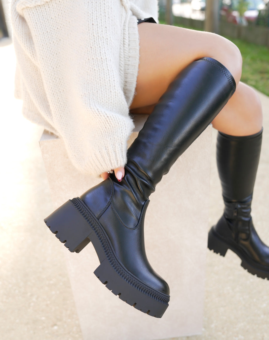 Bottes femme noires effet chaussette avec semelle crantée et talon de 6 cm