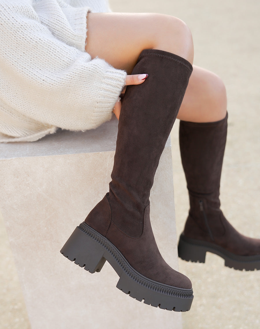 Bottes femme marron en suédine effet chaussette avec plateforme et talon carré