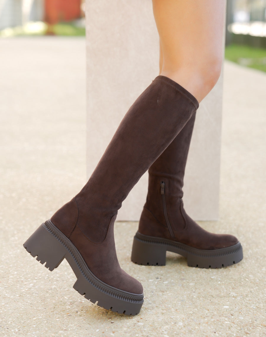 Bottes femme marron en suédine effet chaussette avec plateforme et talon carré