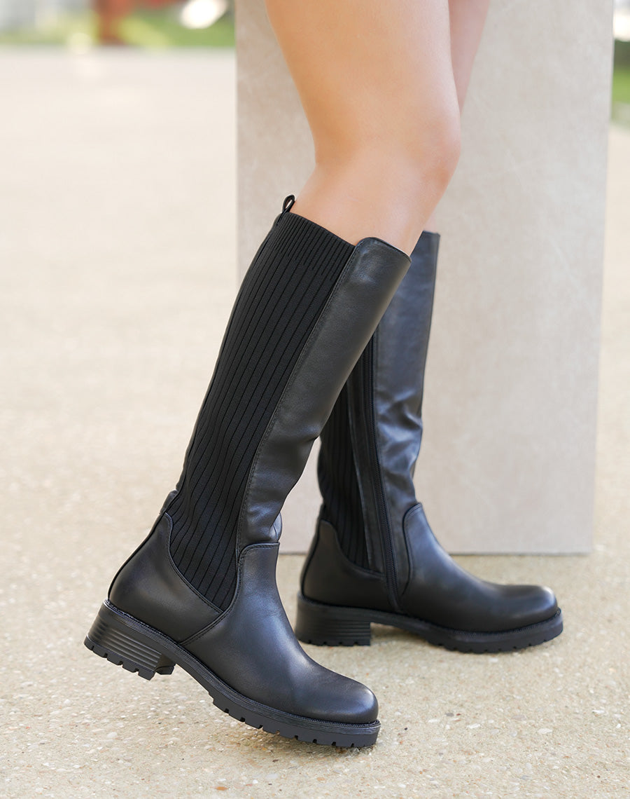 Bottes noires bi-matières effet chaussette en tissu