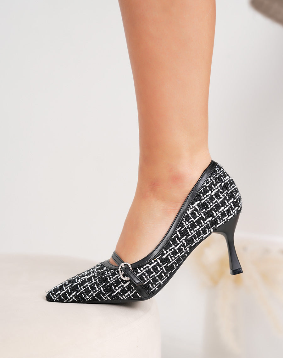 Escarpins femme noirs et blancs élégants en tweed avec boucle strassée