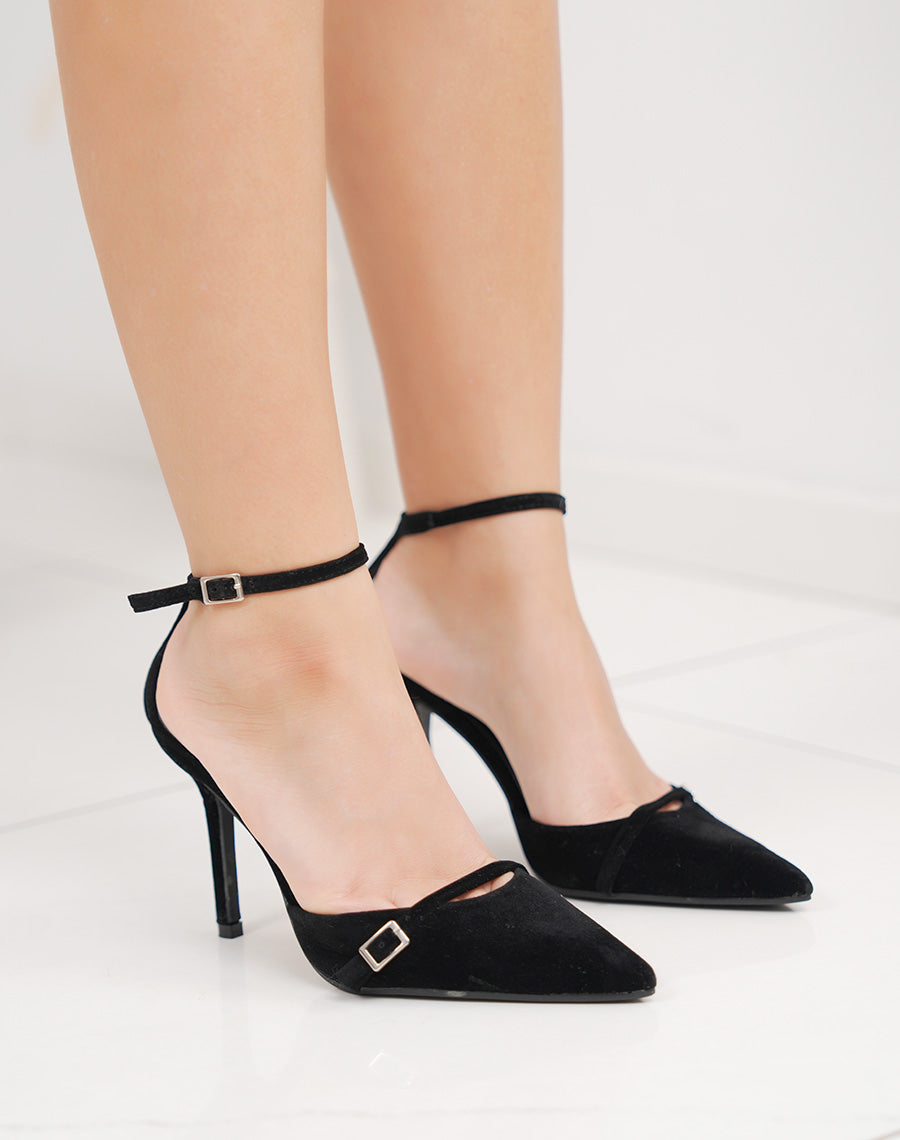 Escarpins femme noirs velours élégants avec boucle argentée et talon aiguille