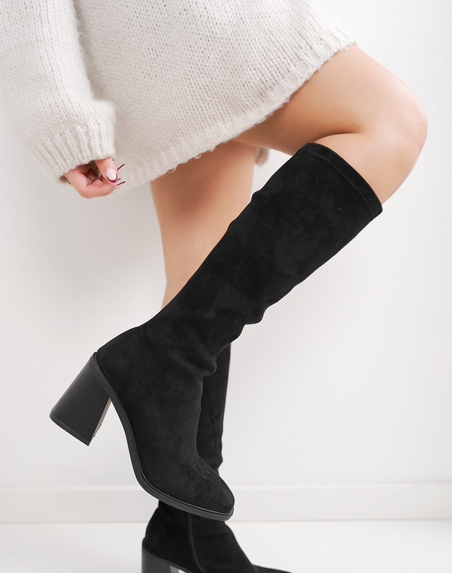 Bottes noires en suédine effet chaussette à talon et bout carré