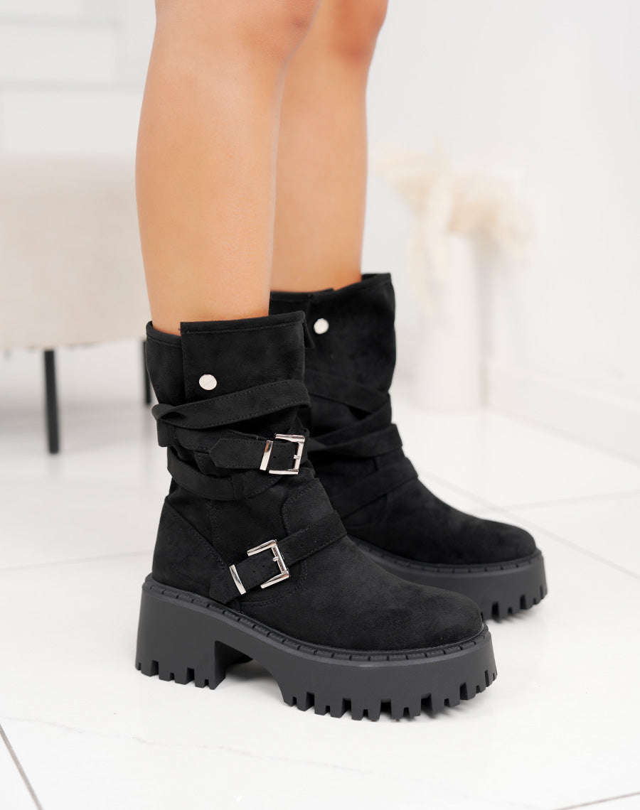 Bottines noires en suédine à sangles et semelle crantée style rock