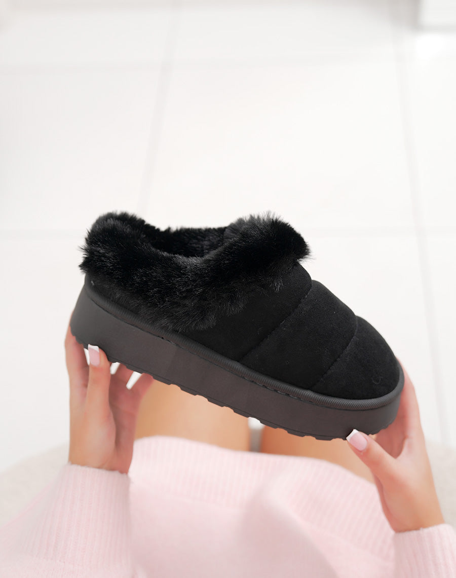 Mules noires à fourrure avec plateforme