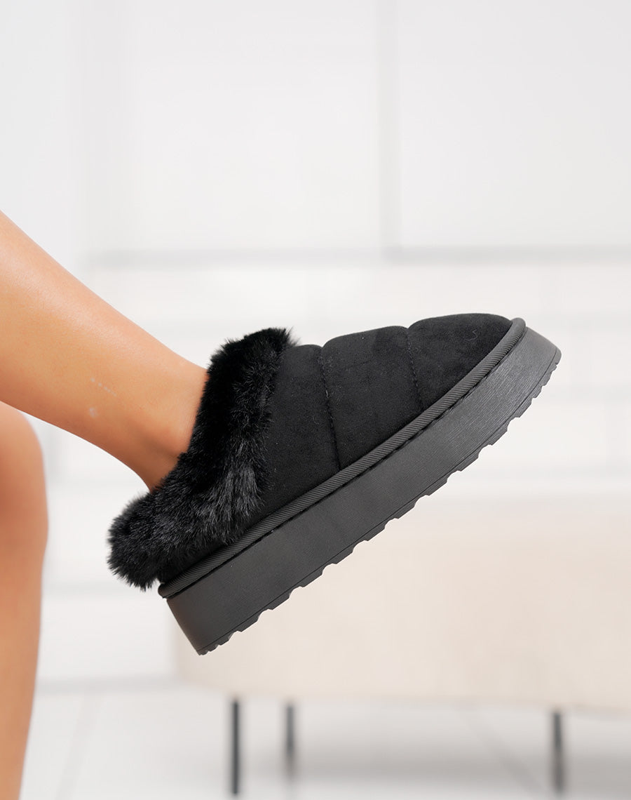 Mules noires à fourrure avec plateforme