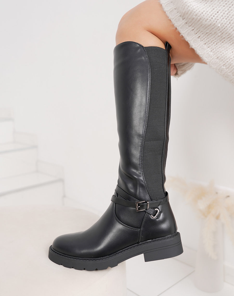 Bottes femme noires cavalières à double lanière fine et semelle crantée