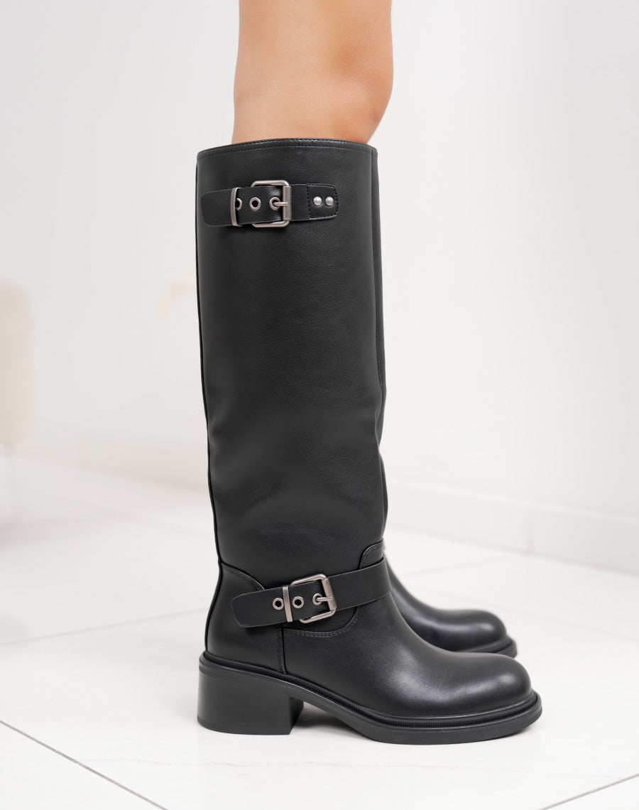 Bottes femme noires cavalières à double boucle et intérieur fourré