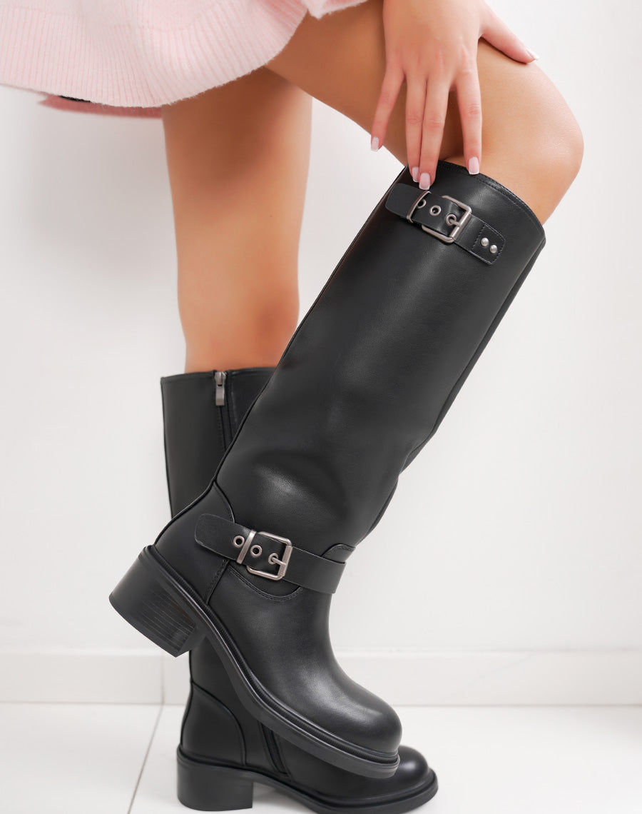 Bottes femme noires cavalières à double boucle et intérieur fourré