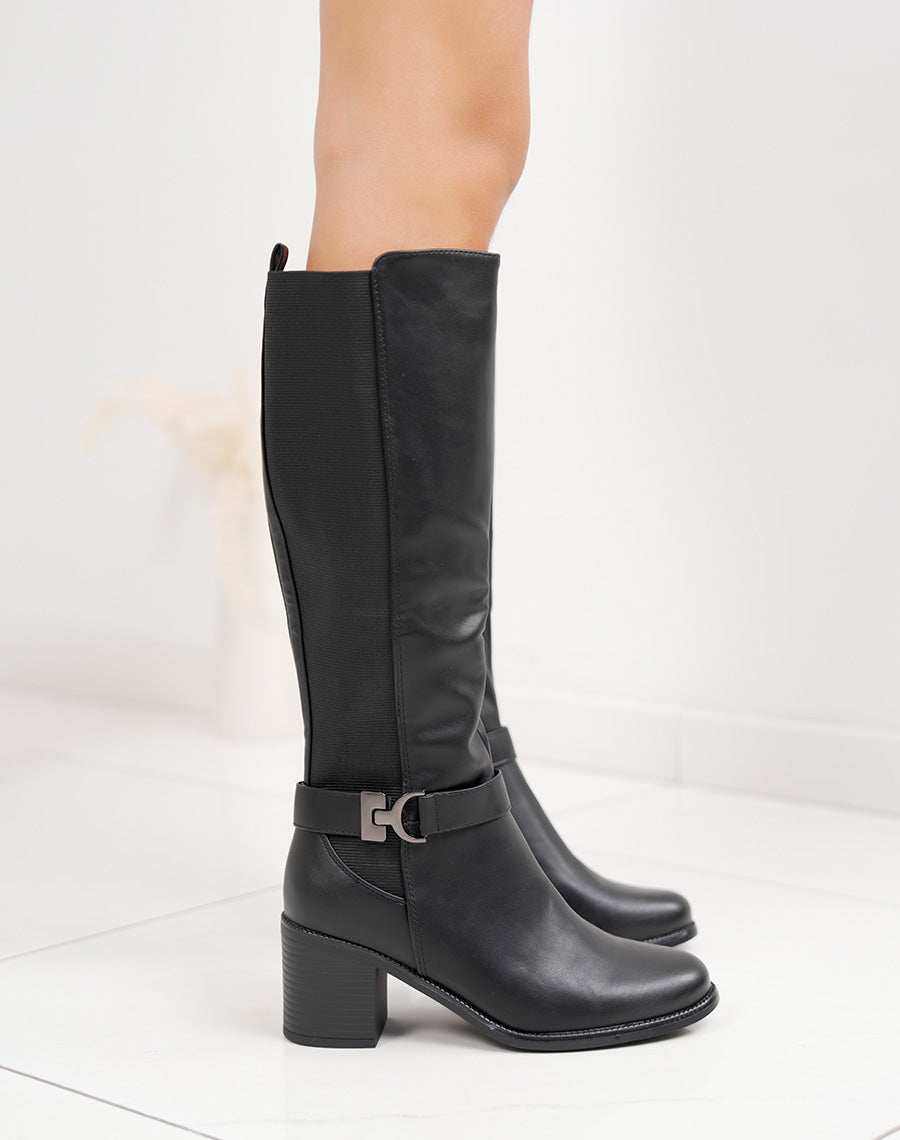 Bottes noires à talon style cavalière avec élastique et boucle métallique