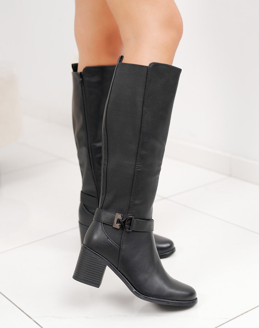 Bottes noires à talon style cavalière avec élastique et boucle métallique