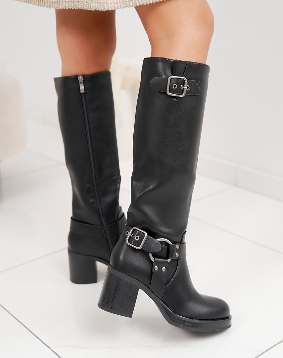 Bottes noires à sangle décorative et talon épais