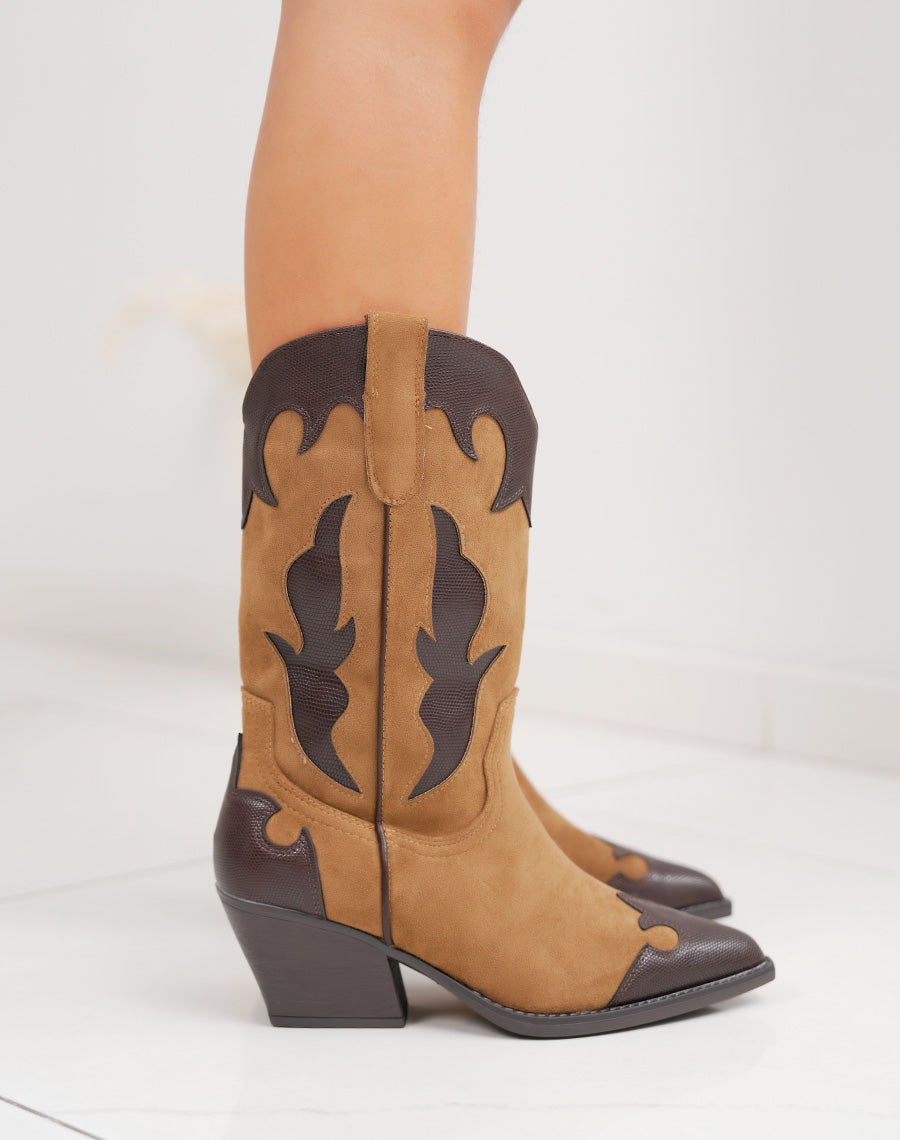 Santiags bi-matière marron clair et foncé à bout pointu