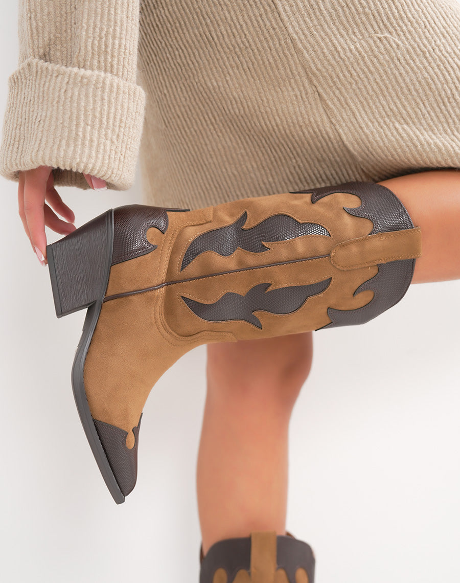 Santiags bi-matière marron clair et foncé à bout pointu