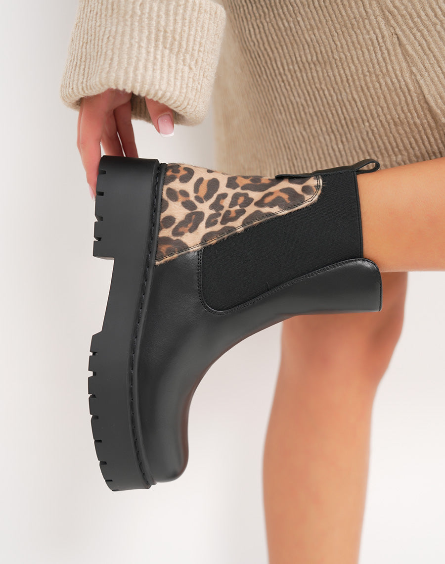 Bottines noires style Chelsea bi-matière à imprimé léopard