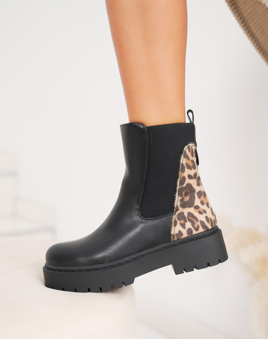 Bottines noires style Chelsea bi-matière à imprimé léopard