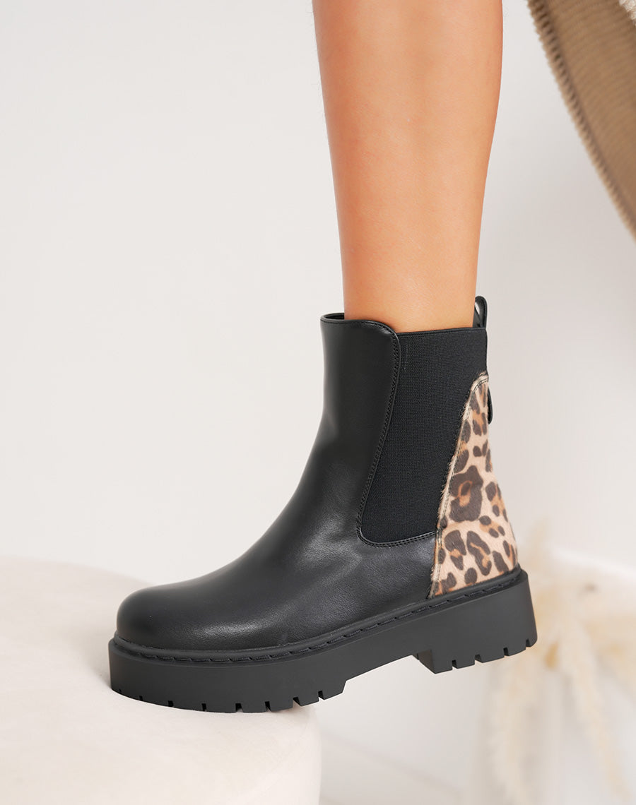 Bottines noires style Chelsea bi-matière à imprimé léopard