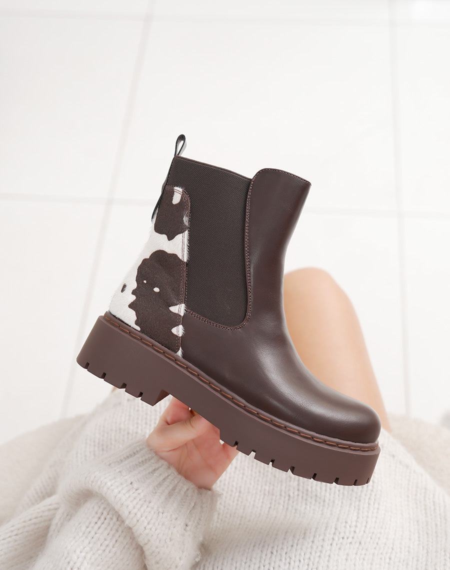 Bottines marron style Chelsea bi-matière à imprimé vachette