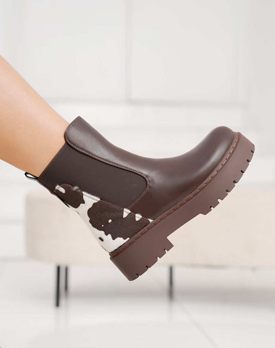 Bottines marron style Chelsea bi-matière à imprimé vachette