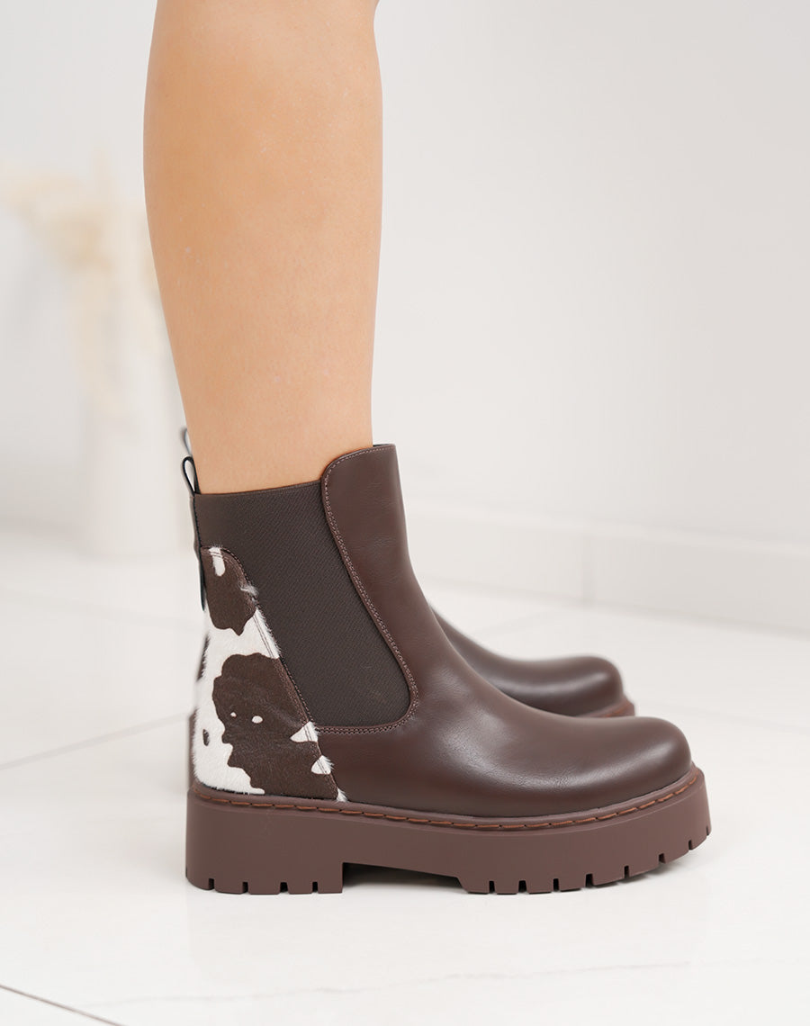 Bottines marron style Chelsea bi-matière à imprimé vachette