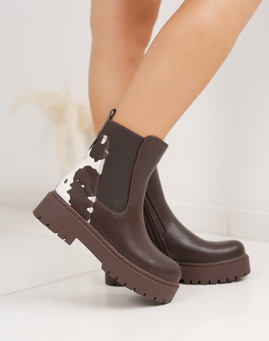 Bottines marron style Chelsea bi-matière à imprimé vachette
