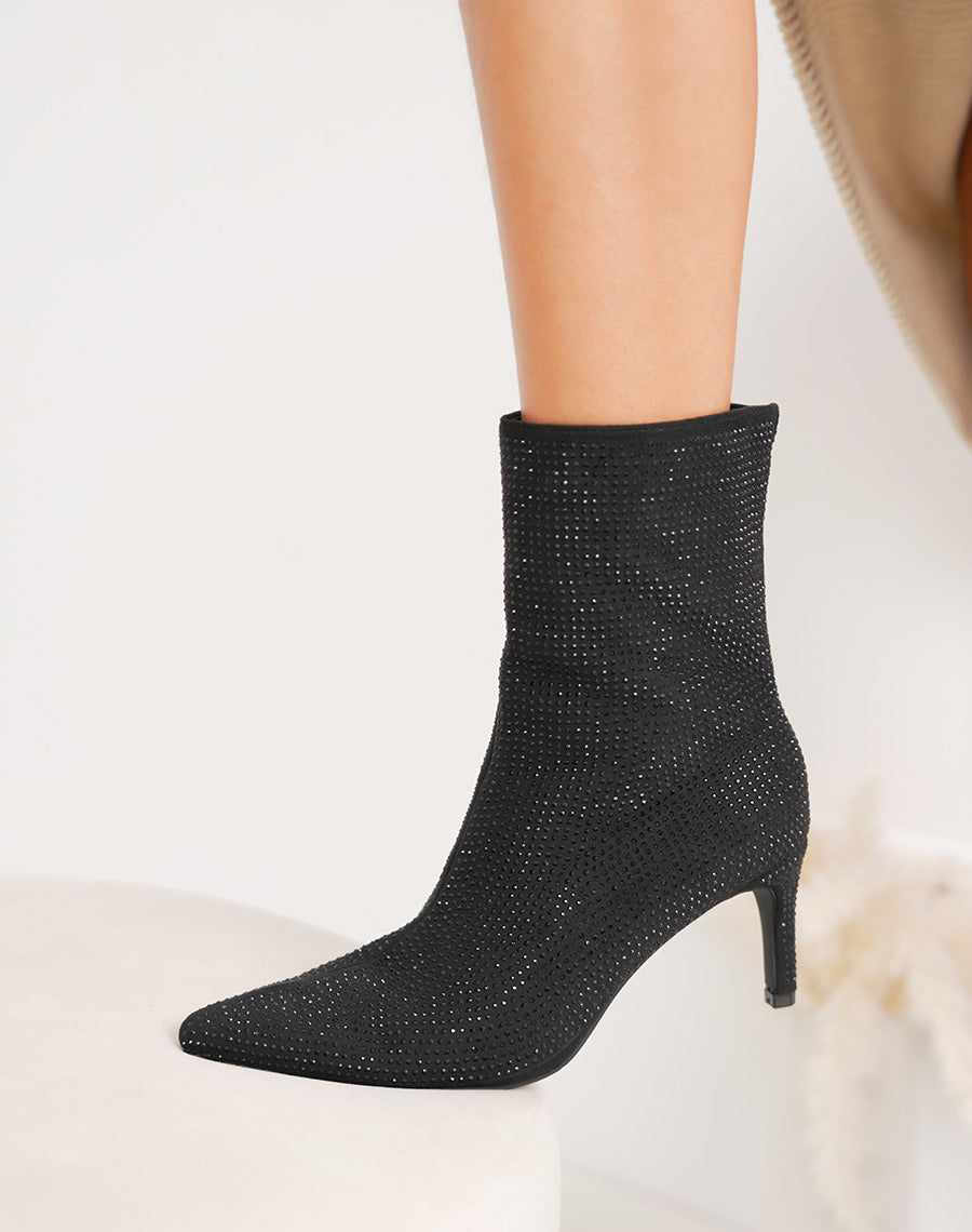 Bottines noires à strass à bout pointu et talon aiguille