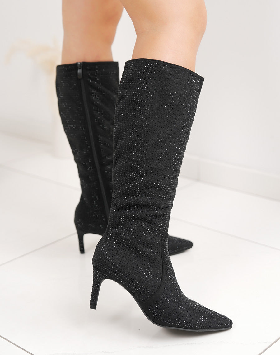 Bottes noires à strass à bout pointu et talon aiguille