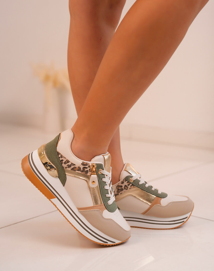 Basket femme verte et beige tendance avec détails léopard et dorés