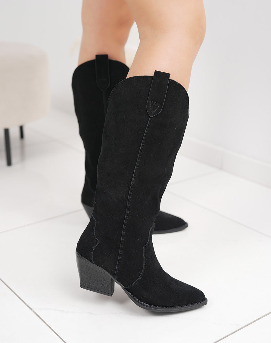 Santiags en cuir noires avec talon biseauté et intérieur fourré