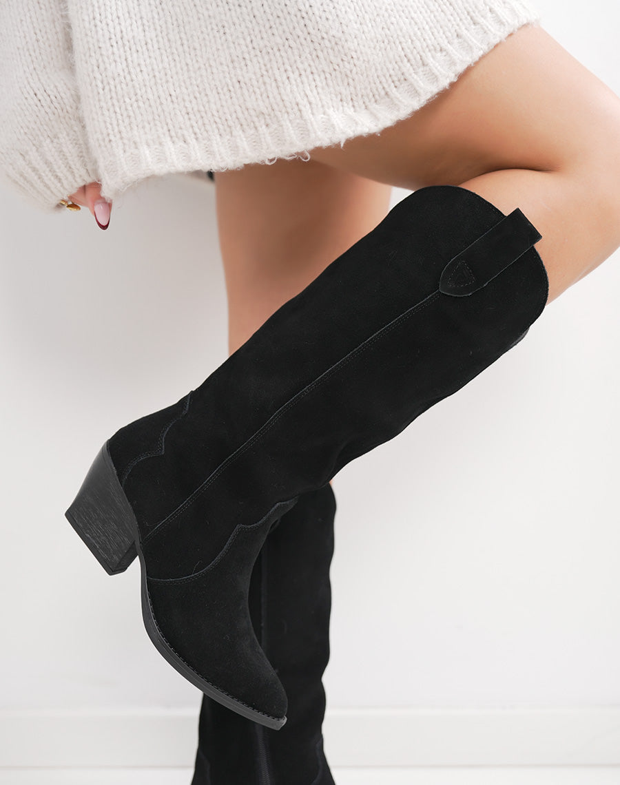 Santiags en cuir noires avec talon biseauté et intérieur fourré