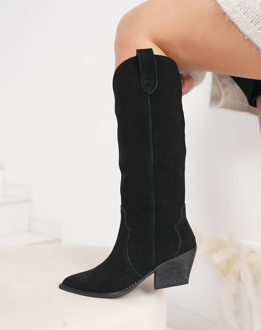 Santiags en cuir noires avec talon biseauté et intérieur fourré